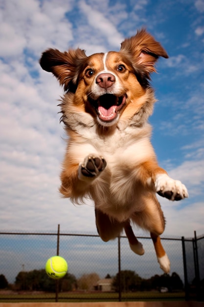 Foto de hond springt vrolijk in de lucht om de bal te vangen generatieve ai