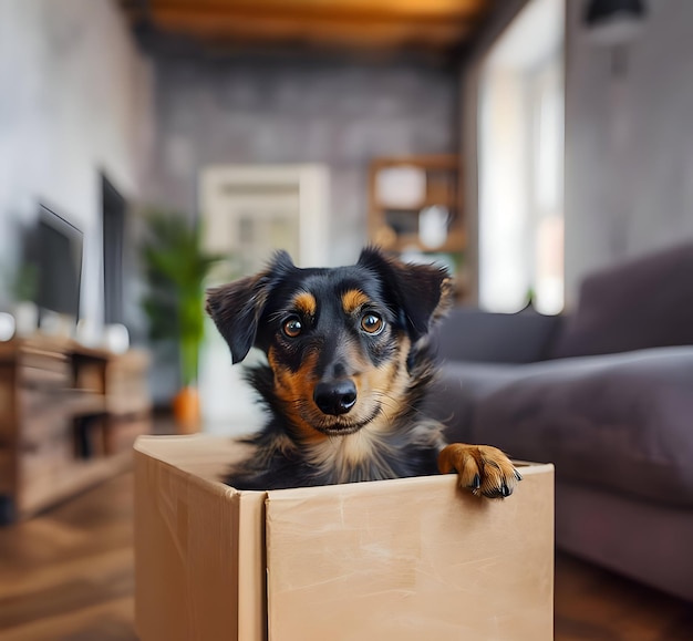 De hond zit in een doos in het midden van een kamer hoge resolutie