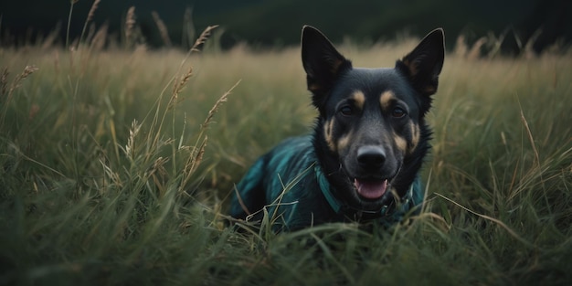 De hond zit in het gras.