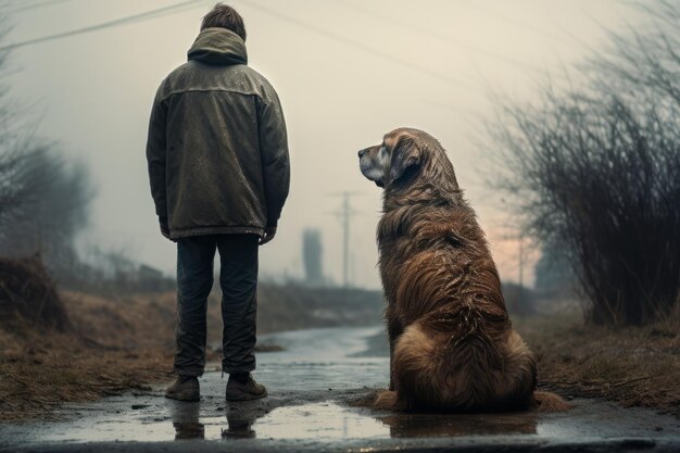 Foto de hond zit naast de man huisdierengeneratieve ai