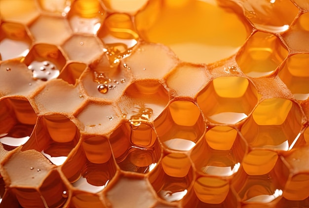 De honingraat zit vol honing in de stijl van licht oranje en goud.