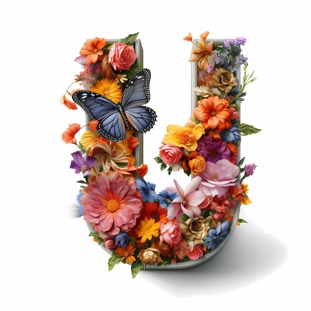 De hoofdletter U is gemaakt van bloemen en vlinders bloemen gewikkeld letter Floral Letter