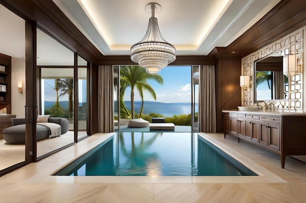 De hoofdslaapkamer van dit luxe huis beschikt over een zwembad en uitzicht op de oceaan.