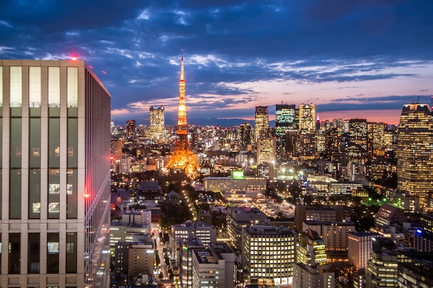 De horizoncityscape van Tokyo bij schemer met de toren van Tokyo