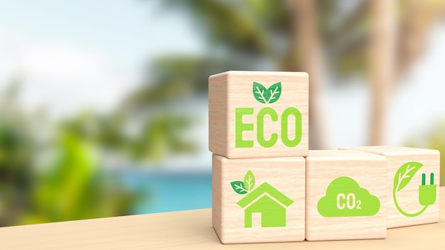 De houten baksteen op tafel voor eco of ecologisch concept 3D-renderingxA