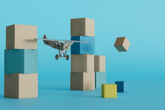 De houten kubussen en een vliegtuig op een turkooizen 3D achtergrond geven terug