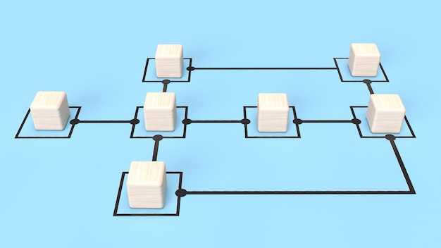 De houten kubussen op grafiek blauwe achtergrond voor bedrijfsconcept 3D-rendering