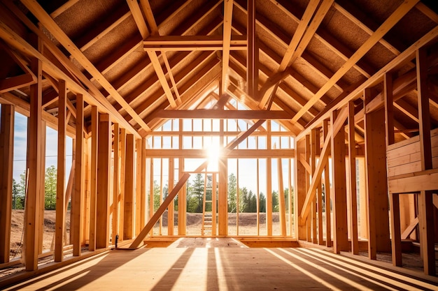 De houten structuur met balken en kolommen van een halfgebouwd huis Ai gegenereerd