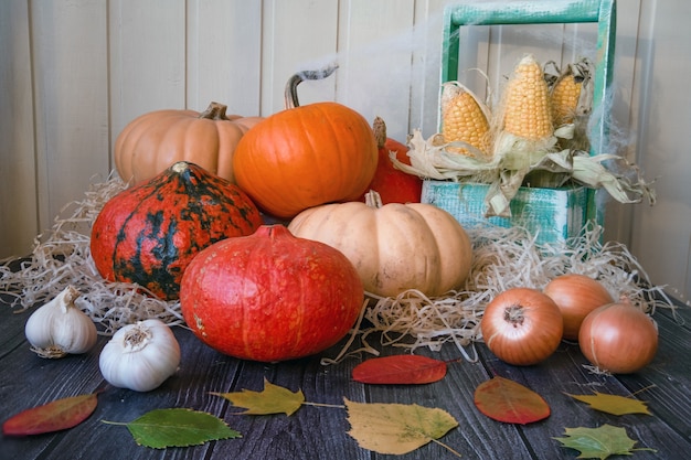 De houten tafel versierd met groenten, pompoenen, maïs en herfstbladeren. Herfst achtergrond.