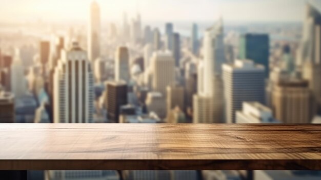 De houten tafeltop met een wazige achtergrond van het moderne kantoorinterieur met stadsbeeld in de ochtend Exuberant beeld