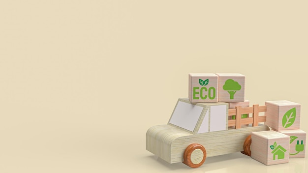 De houten vrachtwagen en het eco-symbool op de kubus voor technologie of ecologisch concept 3D-rendering