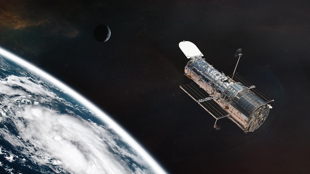 De Hubble-ruimtetelescoop in een baan om de aarde Ruimte-observatorium onderzoek