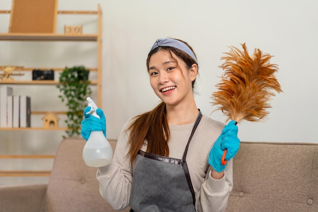 De huishoudster draagt beschermende handschoenen om een plumeau en een reinigingsfles vast te houden voor het opruimen