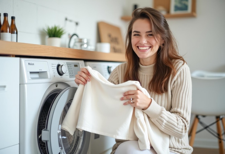 Foto de huisvrouw trekt de was uit de wasmachine