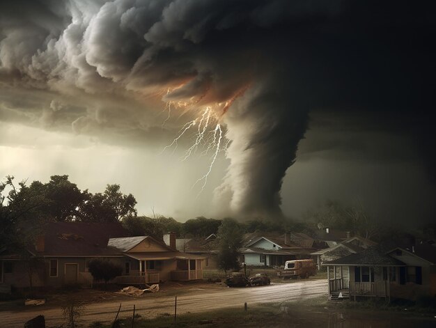 de huizen van een platteland met een tornado in de achtergrond gegenereerd ai