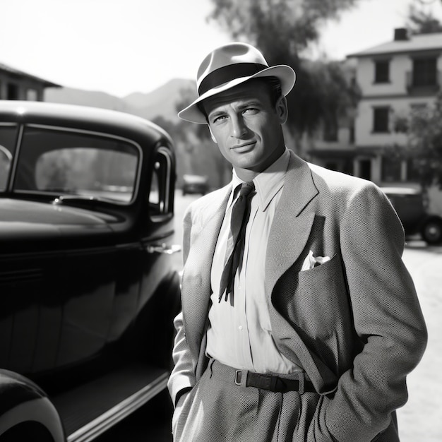 De iconische Gary Cooper met een Mini Cooper op de achtergrond