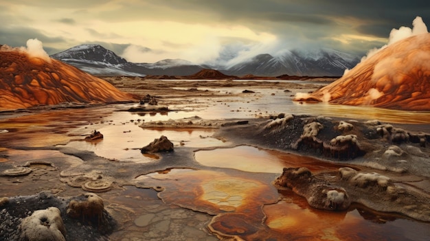 De IJslandse vulkanische landschappen geothermische warmwaterbronnen gecreëerd met generatieve AI-technologie