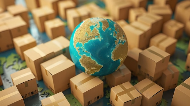 De illustratie toont de naadloze levering van pakketten over de hele wereld met een wereldbol omringd door