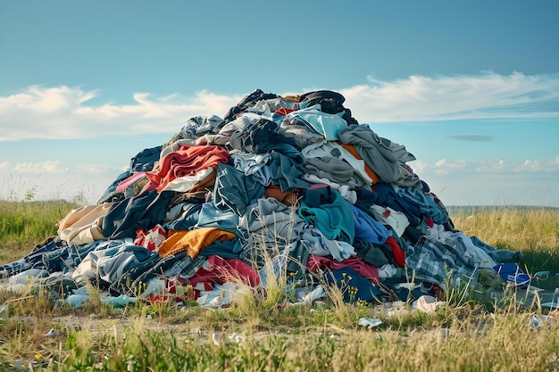 De impact van fast fashion afval Een stapel weggegooide kleding op een stortplaats Concept Fast fashion afvalbeheer Milieueffect Textiel recycling Duurzame mode