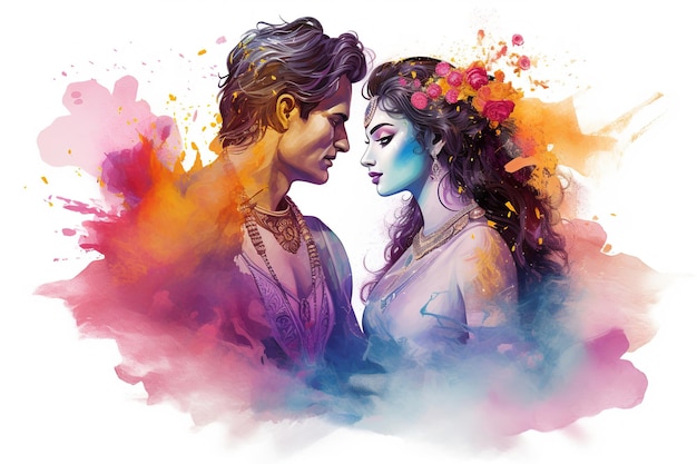 De Indiase god Krishna en Radha spelen holi Generative Ai