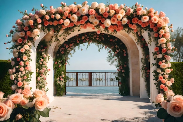 De ingang van de villa is versierd met rozen en groen.