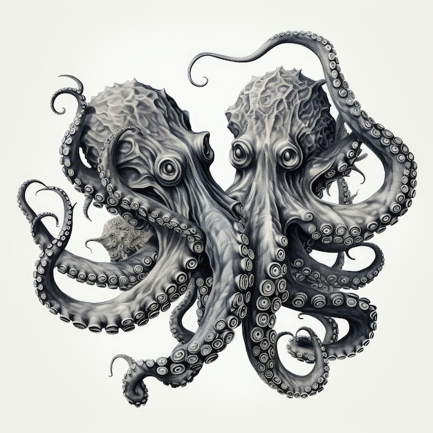 De ingewikkelde dans een prachtige linocut gravure van twee betoverende octopussen in een gouden verhouding Tang