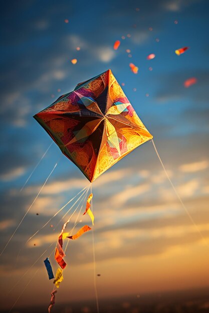 Foto de ingewikkelde details van een vliegers makar sankranti ontwerp het vangen van de fijne draden