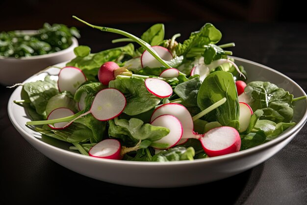 De ingewikkelde textuur van radijs en greens in salade