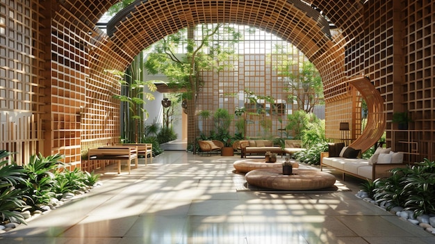 De inrichting van het interieur van een uit bamboe gebouwde atrium is een beeld van elegantie in harmonie met duurzaamheid