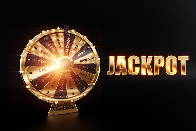 Foto de inscriptie jackpot en gouden wheel of fortune op een donkere achtergrond casino concept grote winst geluk gokken gelukkige persoon 3d illustratie 3d render kopie ruimte