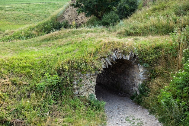 De inscriptie van de stad Khotyn op de achtergrond van een groen veld in de buurt van het kasteel. Vertaling: Chotin