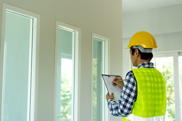 De inspecteur of ingenieur controleert de bouwconstructie en de volgorde in het huis.