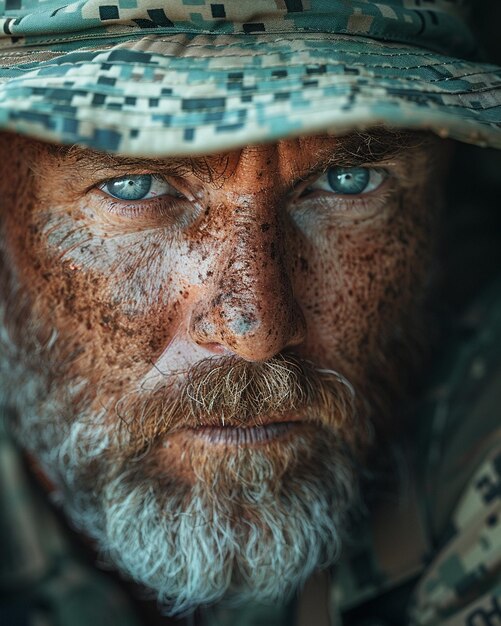 Foto de intense concentratie op een veteranen gezicht behang