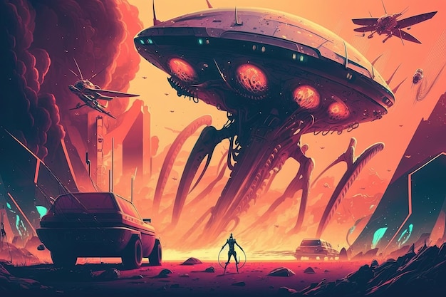 De invasie van buitenaardse wezens op aarde Het beeld toont een intense scène van UFO's die boven een stad zweven met felle lichten die op gebouwen neerstralen en mensen die in paniek rennen Generatieve AI