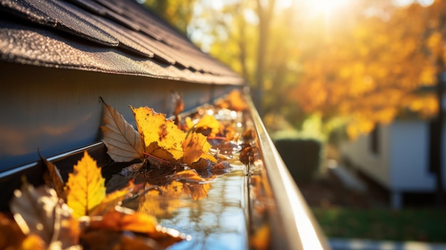 De jaarlijkse last van de herfst Een glimp in het bruine bladportret van de verstopte dakgrot