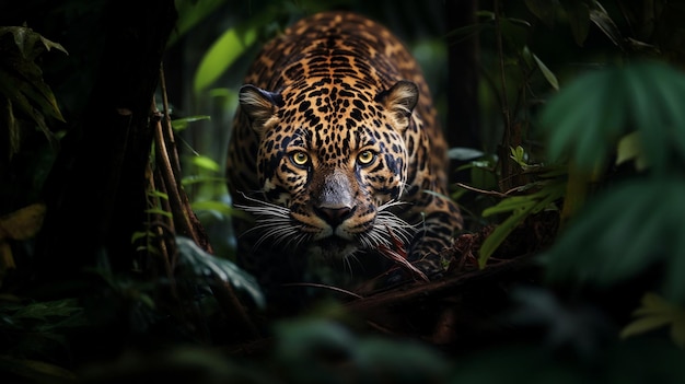 Foto de jaguar sluipt tussen de groene bladeren van de jungle.