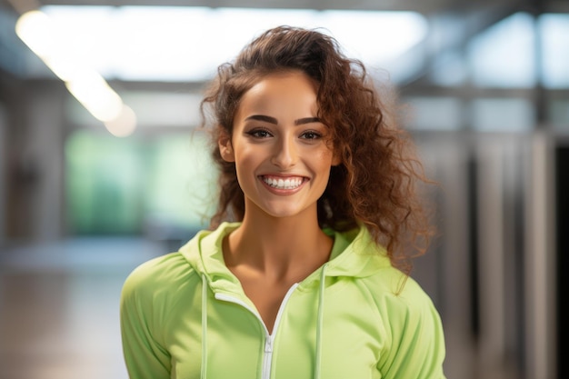 de jonge lachende vrouw in groene sportkleding lacht