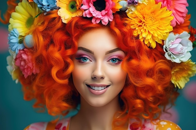 Foto de jonge leuke mooie vrouw met bloemhaar maakt een speels gezicht surrealistisch