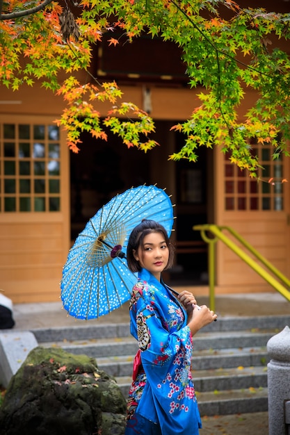 De jonge vrouw die blauwe kimono en paraplu draagt, maakte een wandeling in het park in het seizoen van de herfstbladeren in japan