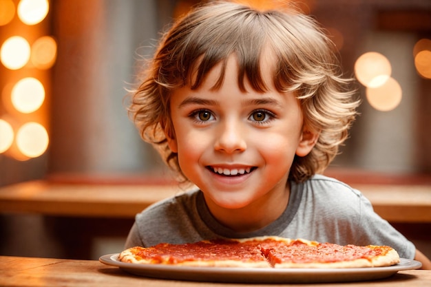 De jongen eet pizza in een restaurant of pizzeria.