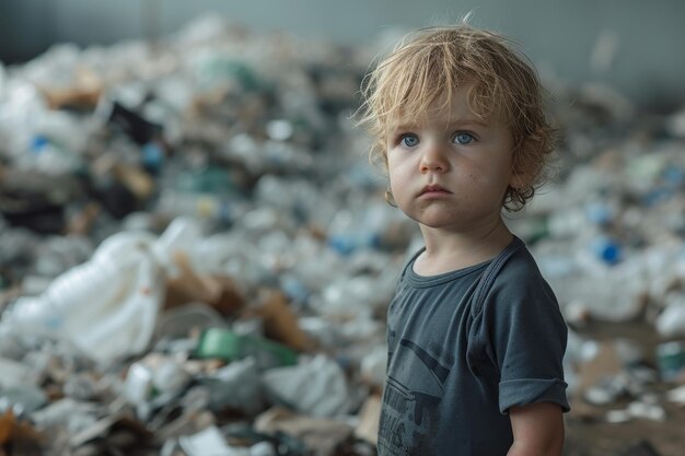 De jongen is in de stortplaats concepten van vervuiling en het milieu Wereldmilieudag