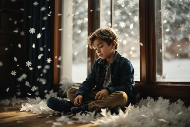 De jongen ligt onder de nieuwjaarsboom levensstijl nieuwjaars en kerstfestijn decoratie