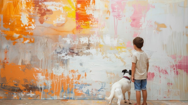 Foto de jongen schilderde de muur met verf met zijn vriend de hond man39s beste vriend vlekken en vlekken