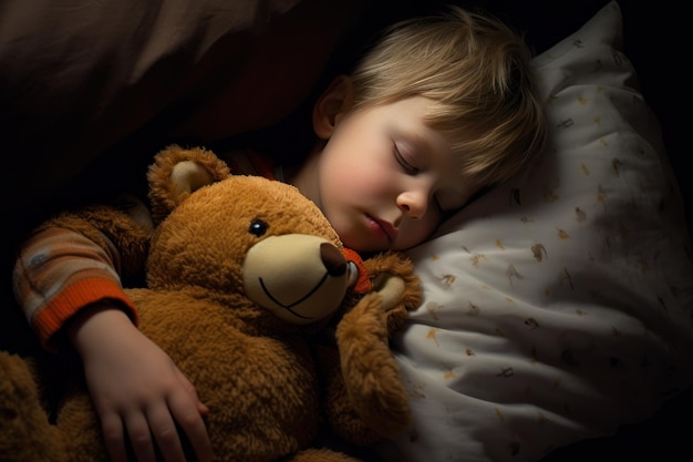 De jongen slaapt zachtjes in bed met een speelgoedbeer in zijn armen onder de deken.