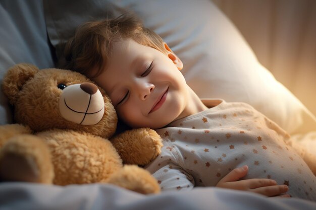 De jongen slaapt zachtjes in bed met een speelgoedbeer in zijn armen onder de deken.