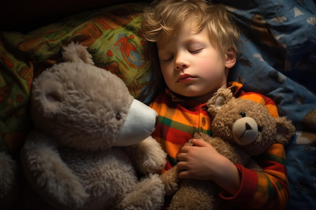 De jongen slaapt zachtjes in bed met een speelgoedbeer in zijn armen onder de deken.