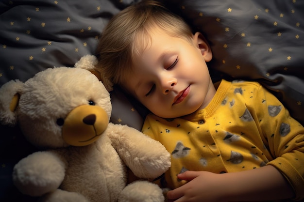 De jongen slaapt zachtjes in bed met een speelgoedbeer in zijn armen onder de deken.