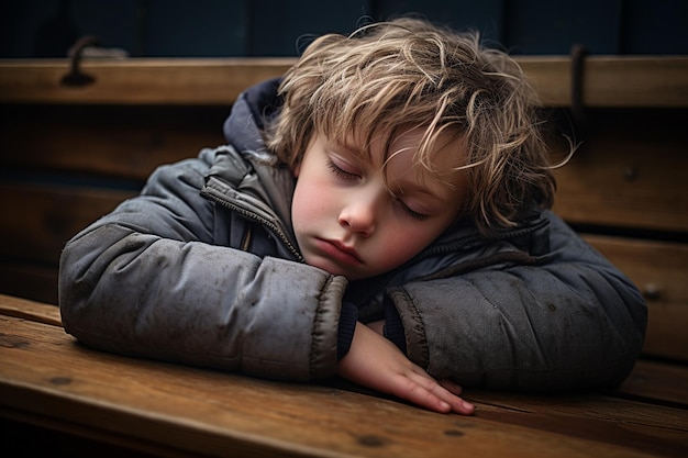 De jongen sliep op een vissersboot en legde zijn handen op het voorhoofd op de droge vloer