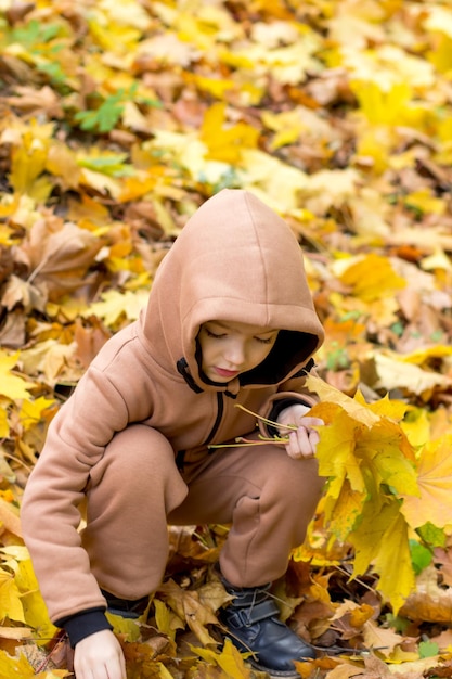 De jongen zit in de herfstbladeren in het park