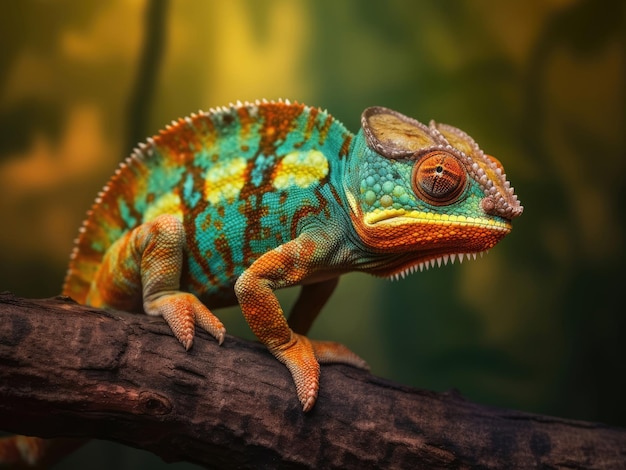 De kameleon zit op een tak en jaagt op insecten